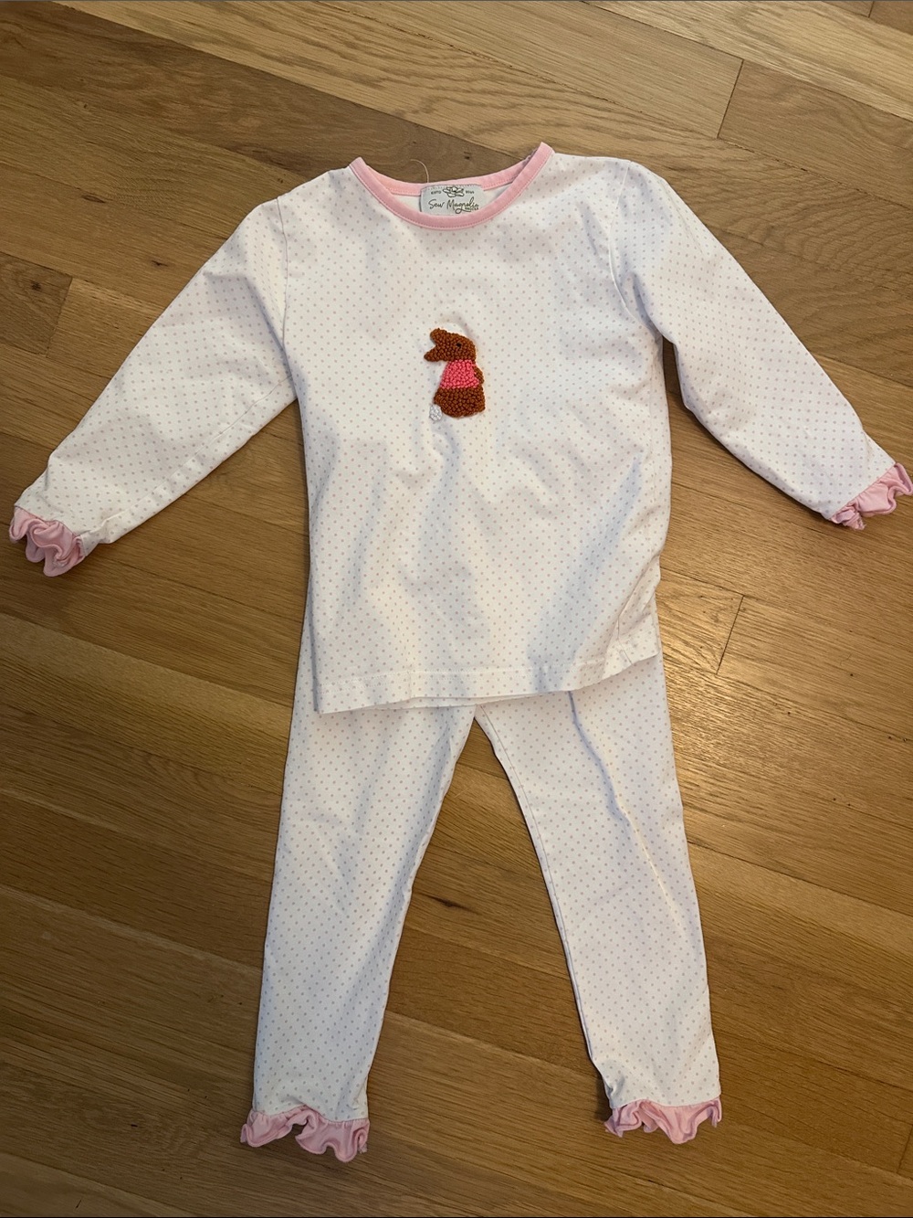 Girls' Pink Dot Bunny Pajama Set with Ruffle Trim